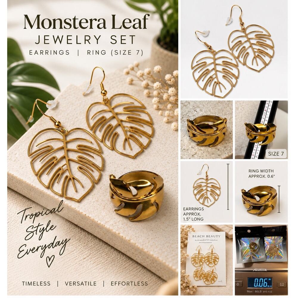 Monstera Leaf Jewelry Set 🌿 Gold Earrings + Ring Size 7 - Picture 2 of 11